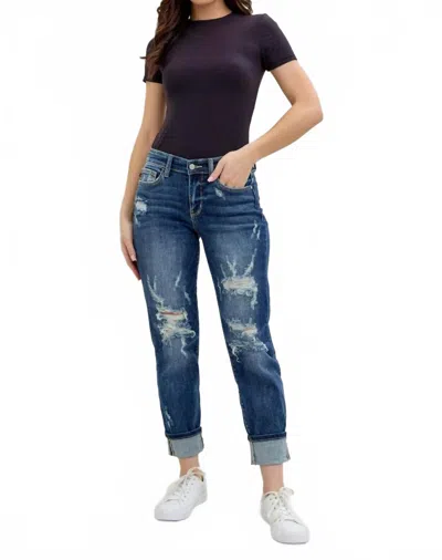 Judy Blue Mid-rise Cuffed Destroyed Boyfriend Jeans In Denim In Blue