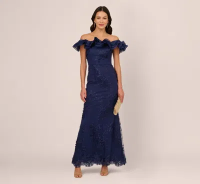 Adrianna Papell Maxi Dress Women's Navy Ruffle Off The Shoulder Gown Gbo621 In Blue
