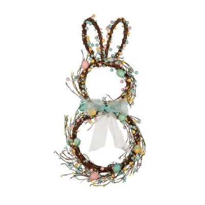 Glitzhome Easter Bunny Shaped Wreath With Eggs Satin Ribbon Bow In Multi