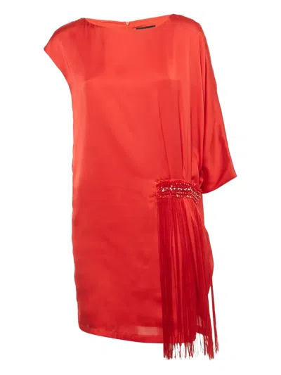 Pre-owned Cavalli Class Fringe Satin Mini Dress In Red