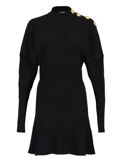 Balmain Flared Knitted Mini Dress In Black