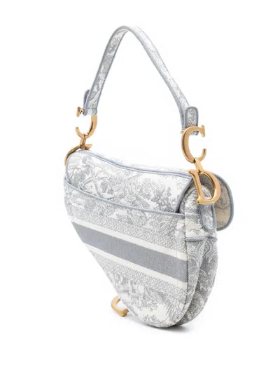 Pre-owned Dior 2021 Canvas Embroidered Toile De Jouy Saddle Bag Shoulder Bag In Gray