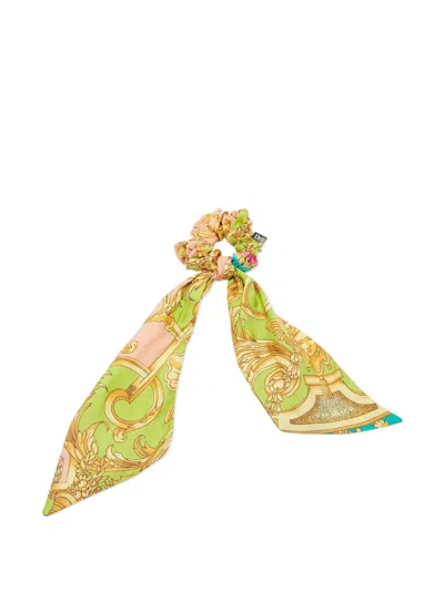 Pre-owned Versace Silk Baroque-print Scrunchie In Green