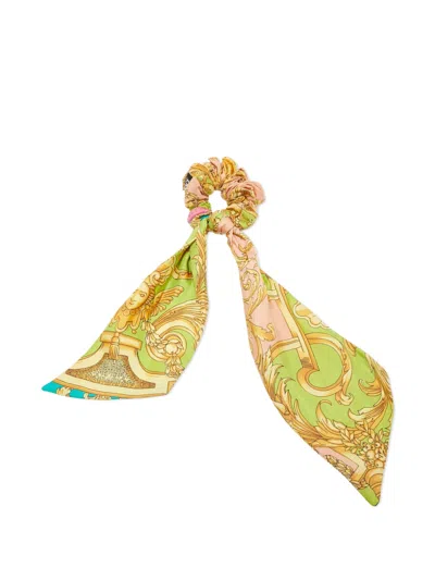Pre-owned Versace Silk Baroque-print Scrunchie In Green