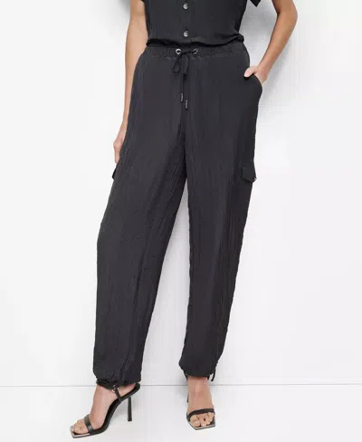 Dkny Tie-waist High-rise Crinkled Jogger Cargo Pants In Black In Multi