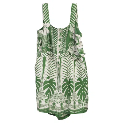 Farm Rio Macaw Elegance Romper In Green Linen In Green