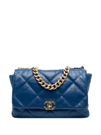 Pre-owned Chanel 2019 Maxi Lambskin 19 Flap Satchel In Blue