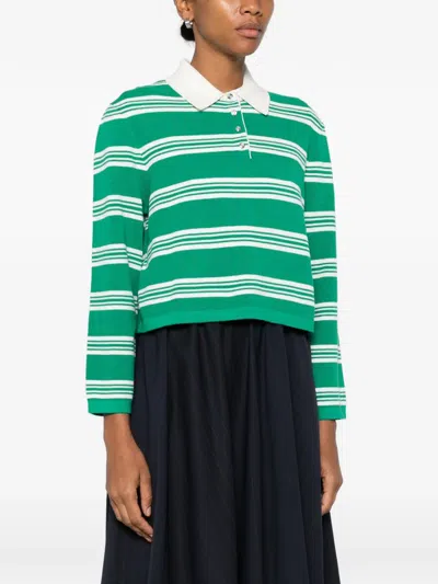 Maje Womens Green Striped Cropped Cotton-blend Polo Jumper In Multi