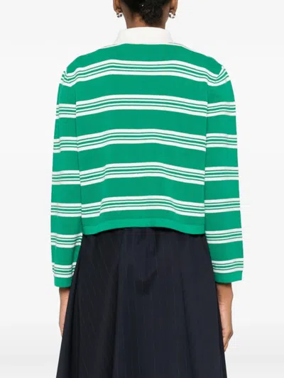 Maje Womens Green Striped Cropped Cotton-blend Polo Jumper In Multi