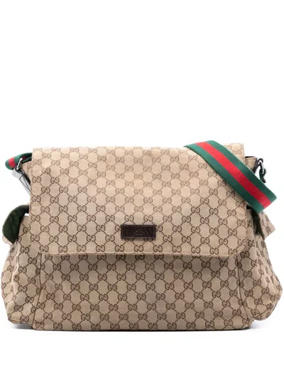 Pre-owned Gucci 2016-2025 Gg Canvas Web Flap Diaper Bag Crossbody Bag In Brown