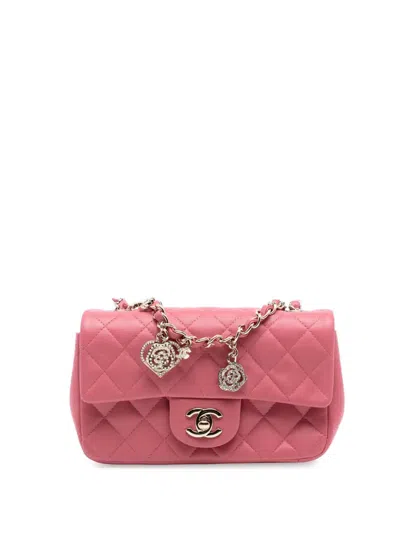 Pre-owned Chanel 2014 Mini Rectangular Classic Lambskin Valentines Heart Charms Single Flap Crossbody Bag In Pink