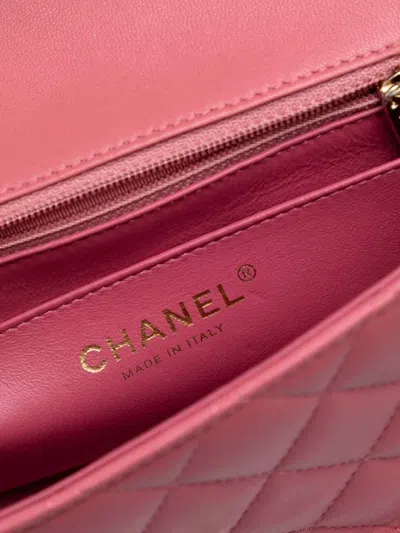 Pre-owned Chanel 2014 Mini Rectangular Classic Lambskin Valentines Heart Charms Single Flap Crossbody Bag In Pink