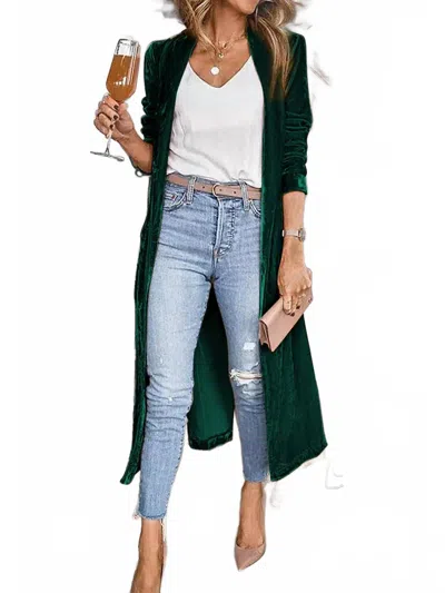 Pretty Bash Valerie Velvet Open Front Pocketed Cardigan In Green In Green