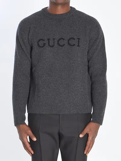 Gucci Grey Crewneck Sweater With Logo Lettering Embroidery On The Front In Wool Man In Gray