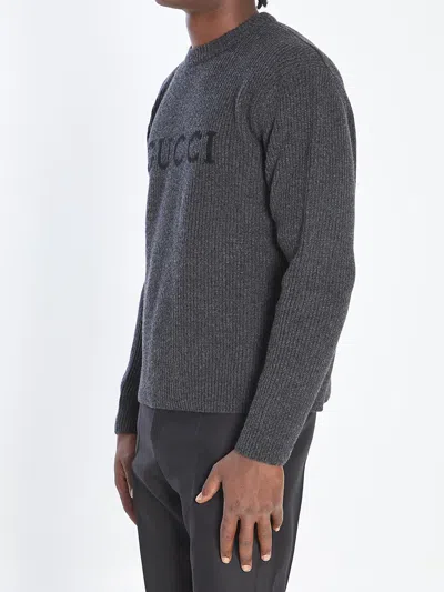 Gucci Grey Crewneck Sweater With Logo Lettering Embroidery On The Front In Wool Man In Gray