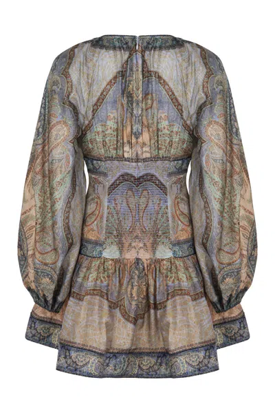 Zimmermann Wanderlust Multicolor Crewneck Mini Dress With Puffed Long Sleeves And All-over Print In Cotton And  In Multi