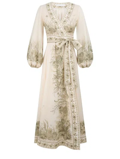 Zimmermann "wonderlust" Wrap Midi Dress In Neutral