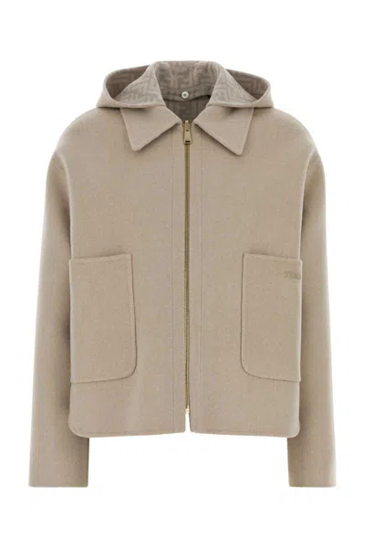 Fendi Wool Reversible Hooded Jacket Long Sleeves In Neutral