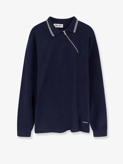 Miu Miu Cotton Polo Shirt With Asymmetric Metal Zip Detail In Blue