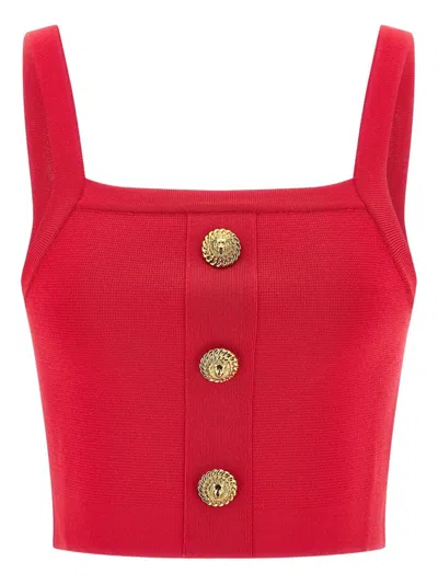 Balmain Ribbed Crop Top Gold Button Square Neckline In Pink