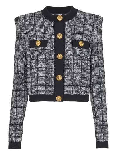 Balmain Cropped Tweed Check Cardigan Gold Buttons In Black
