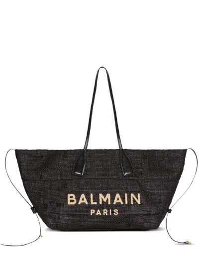 Balmain Women Calfskin And Raffia Track Shoulder Bag In Black
