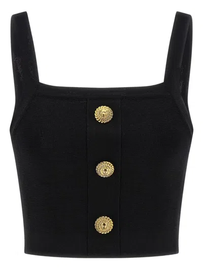 Balmain Cropped Sleeveless Top Gold Button Detail In Black