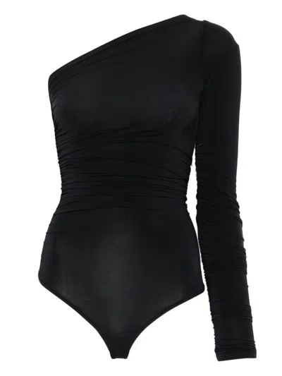 Wolford One Shoulder Ruched Long Sleeve Bodysuit In Black