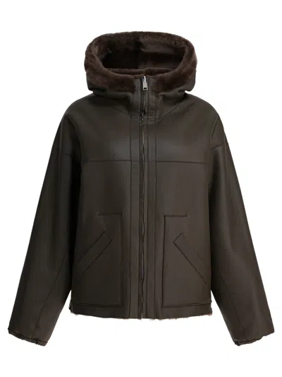 Blancha Versatile Hooded Reversible Jacket Front Pockets In Brown