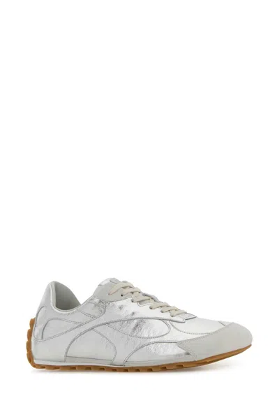 Bottega Veneta Orbit Flash Suede-trimmed Metallic Leather Sneakers In Silver
