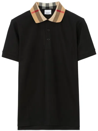 Burberry Check Collar Cotton Cody Polo Shirt In Black