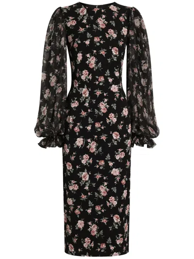 Dolce & Gabbana Women Black Dress With Round Neckline And All-over Floral Motif In Silk Blend Woman