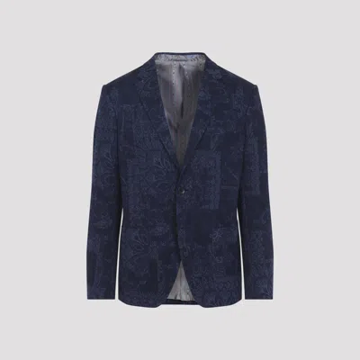 Etro Men Single-breasted Jacquard Cotton Jacket With Floral Pattern In Blue