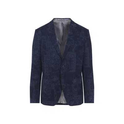 Etro Men Single-breasted Jacquard Cotton Jacket With Floral Pattern In Blue