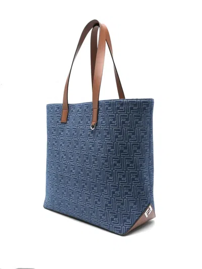 Fendi Blue Leather Tote Bag In Blue