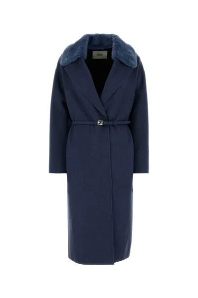 Fendi Stretch Cashmere Coat Belted Waist Fur Collar In Multi