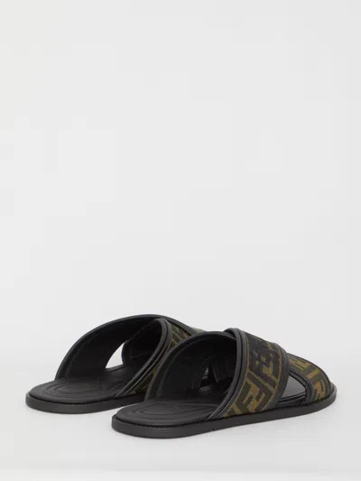 Fendi Double Crossed Band Logo Slides With Jacquard Ff Design In Black