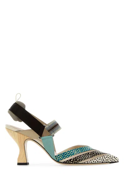 Fendi Mesh And Printed Leather High-heeled Slingbacks In Multi