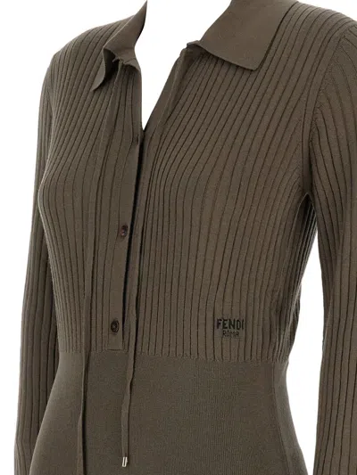 Fendi Mud Stretch Wool Polo Shirt In Brown