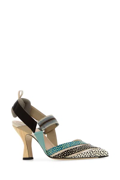 Fendi Mesh And Printed Leather High-heeled Slingbacks In Multi
