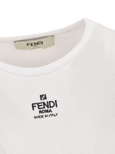 Fendi Women White Ribbed Crop T-shirt With Logo Embroidery In Cotton Woman