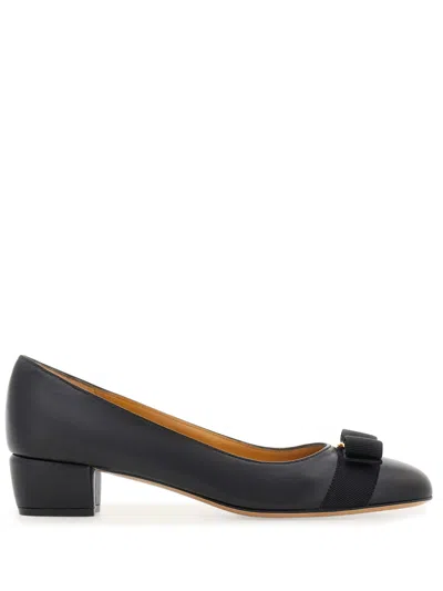 Ferragamo Nappa Leather Pumps Vara Block Heel Bow In Blue