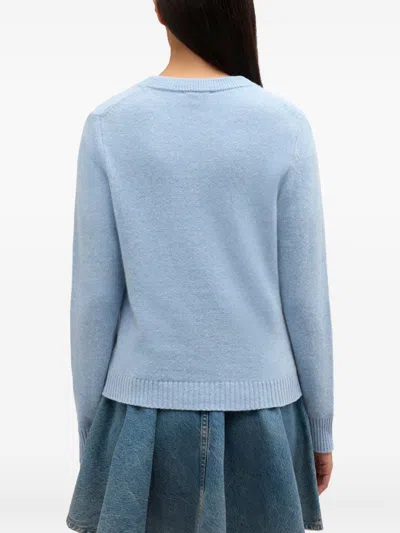 Ganni Wool Crew Neck Sweater Graphic Print In Blue
