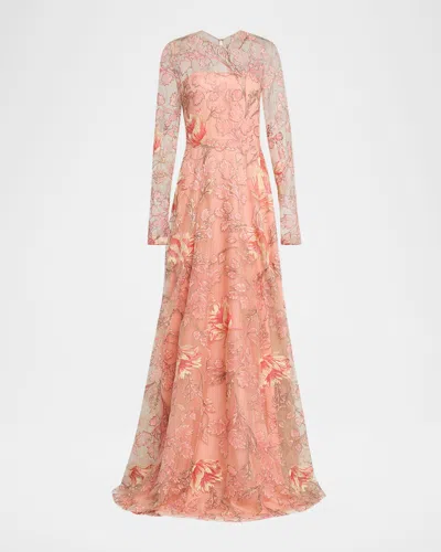 Naeem Khan Metallic Floral Embroidered Long-sleeve Illusion Gown In Orange