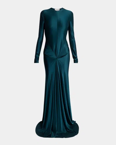 Victoria Beckham Twisted Cutout Long-sleeve Gown In Blue