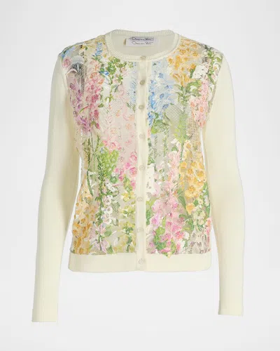 Oscar De La Renta Printed Foxgloves Lace Insert Cardigan In Multi