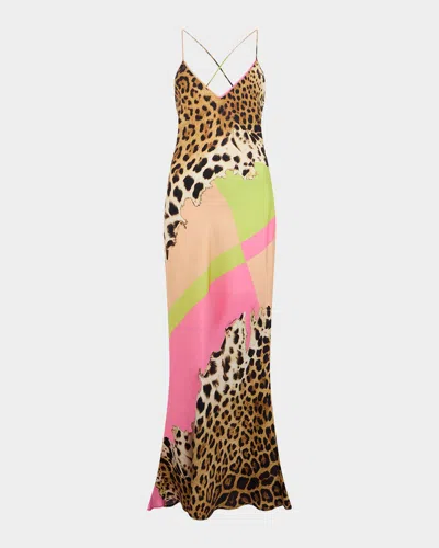 Roberto Cavalli Colorblock Jaguar-print Silk Maxi Slip Dress In Multi