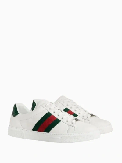 Gucci Ace Leather Sneakers With Lateral Web Band In White
