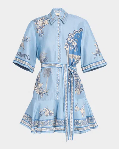 Alemais Villa Romantica Blue Mini Dress With Front Blet And All-over Floral Motif In Linen Blend Woman