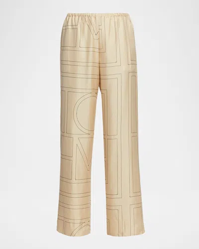Totême Monogram Silk Straight-leg Ankle Pajama Pants In Brown